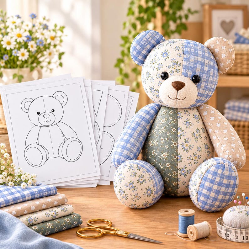 K&ouml;nnte beinhalten: Ein Patchwork-Teddyb&auml;r aus blauem Vichy-Karo, beigem Blumenstoff und salbeigr&uuml;nem Stoff, neben einem Stapel gedruckter Schnittmuster, einer goldenen Schere, zwei h&ouml;lzernen Garnrollen und einem wei&szlig;en Nadelkissen mit bunten Stecknadeln.
