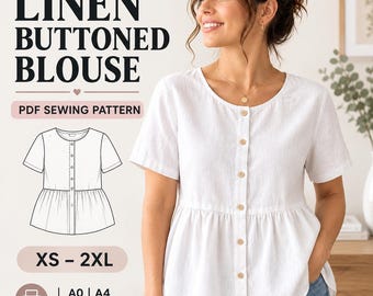 Schnittmuster für eine Leinenbluse (PDF), Bluse mit Knopfleiste, lockere Passform, Damenoberteil, Größen XS-2XL, Formate: A0, A4, US Letter