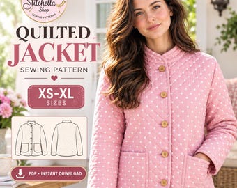 Schnittmuster für eine gesteppte Jacke (PDF), Damenjacke mit Knopfleiste, Kragen und Taschen, Schnittmuster für einen gesteppten Mantel, Größen XS-XL, A0, A4, US Letter