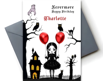 Verjaardagskaart voor woensdag met ballonnen, gothic meisje, bewerkbare Canva-sjabloon, direct te downloaden