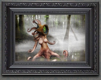 HP lovecraft inspired Octopus Art "Mollusk in the Mist" dark art fairytale fantasy series, "The Masquerade" swamp thing tentacle art