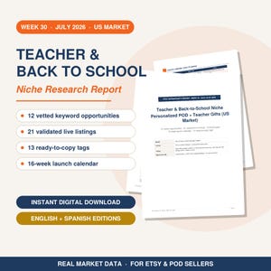 May include: A digital niche research report titled Teacher & Back to School for the US market, July 2026. The document lists 12 keyword opportunities, 21 live listings, 13 tags, and a 16-week launch calendar. It is an instant digital download.