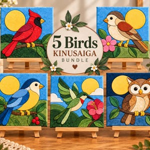 May include: A bundle of five Kinusaiga fabric art panels featuring birds: a red cardinal, a brown sparrow, a blue tit, a green hummingbird, and a brown owl. Each square panel displays a bird on a branch against a blue sky and yellow sun.