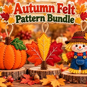 Pacchetto di modelli per feltro autunnale / Modelli per cucire uno spaventapasseri con foglie e zucca / PDF di un ornamento autunnale in feltro / Modello fai da te per cucito a mano