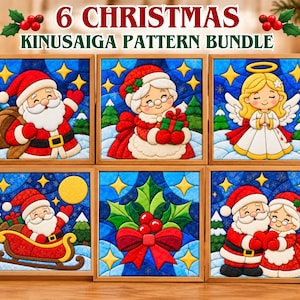 May include: A set of six square Kinusaiga patterns featuring Christmas themes, including Santa Claus, Mrs. Claus, an angel, a sleigh, and holly. Each framed image displays vibrant colours, quilted fabric textures, and starry blue night backgrounds.