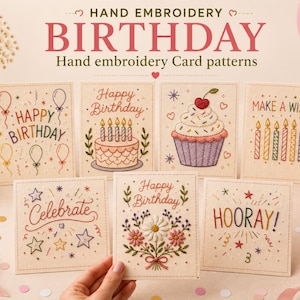 May include: A collection of seven rectangular cards featuring hand embroidery designs with birthday themes. The cards display stitched motifs including balloons, a cake with candles, a cupcake, candles, stars, and flowers, with text reading Happy Birthday, Make a Wish, Celebrate, and Hooray.