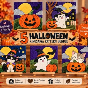 May include: A digital bundle of 5 Halloween Kinusaiga patterns featuring square fabric art designs of pumpkins, a ghost, a cat, and a witch hat. The text reads 5 HALLOWEEN KINUSAIGA PATTERN BUNDLE, Beginner Friendly, and Instant Download.