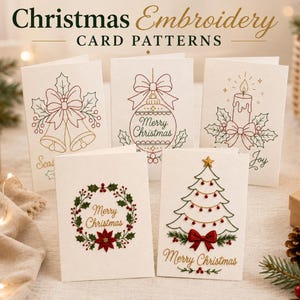 May include: Five white greeting cards featuring Christmas embroidery patterns including bells, a bauble, a candle, a wreath, and a tree. The text "Christmas Embroidery CARD PATTERNS" appears at the top. Each card displays festive designs in red, green, and gold thread.
