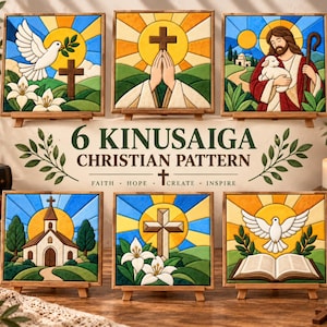 May include: Six square Kinusaiga Christian pattern panels featuring stained glass style imagery of a dove, praying hands, Jesus with a lamb, a church, a cross with lilies, and a dove over an open book, with text reading 6 KINUSAIGA CHRISTIAN PATTERN.