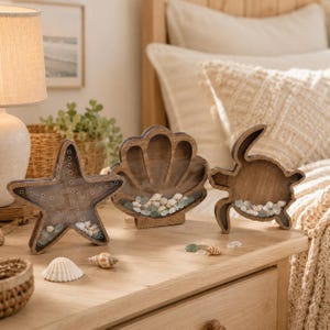 Birthday Gift Custom Wooden Seashell Keepsake Box, Starfish-Shaped Storage Box, Personalized Engraved Wooden Display for Beach Souvenirs
