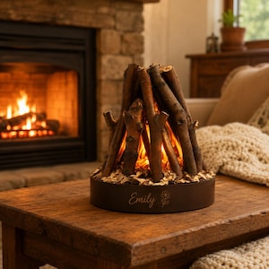 May include: A circular dark brown base with the name Emily and a small flower icon engraved on the front. The base supports a cluster of vertical brown wooden branches arranged in a cone shape, with a warm orange light glowing from within.
