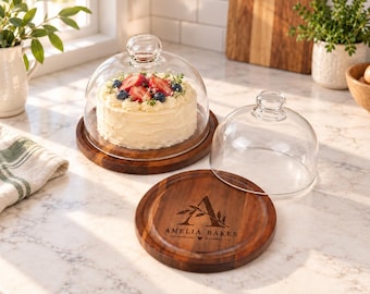 Personalized Acacia Wood Cake Stand with Glass Dome, 6.5in/8in/10in, Wedding Cake Stand, Kitchen Decor, Gift for Her