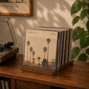 May include: A wooden vinyl record storage stand with a clear acrylic front panel. The base features the engraved text "The Andersons" with a star symbol. The stand holds a collection of vinyl records, with the front cover showing palm trees.
