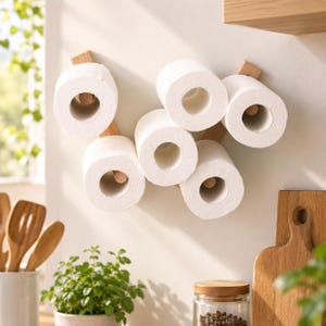 May include: A wall-mounted toilet paper holder system featuring five light-colored wooden pegs arranged in a staggered pattern, each holding a roll of white toilet paper. The wooden pegs are attached directly to the wall surface.