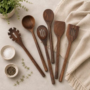 Op de afbeelding: Een set van vijf donkerbruine houten keukengerei, waaronder een pastavork, een grote ronde lepel, een schuimspaan, een platte spatel en een spatel met sleuven. Elk handvat is gegraveerd met de tekst Cathy's Kitchen en een klein hartje.