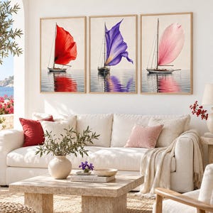 Blommig triptyk av segelbåtar | Konst i storformat (A2 till 70x100 cm) | Maritim konst med vallmo, iris och körsbärsblom på 3 paneler