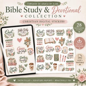May include: A digital sticker collection titled Threads of Grace by Elba Bible Study & Devotional Collection featuring 28 watercolour Christian digital stickers including crosses, books, coffee mugs, and floral elements on a tablet and paper.