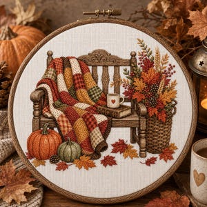 May include: A cross-stitch embroidery in a round wooden hoop featuring a wooden bench draped with a red, orange, and green plaid blanket. A mug with a heart, a book, two pumpkins, and a basket filled with autumn leaves sit on the bench.