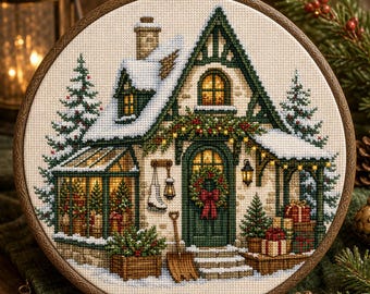May include: A circular embroidery hoop containing a cross-stitch pattern of a snow-covered cottage. The scene features a green door with a wreath, a greenhouse with lit trees, a shovel, ice skates, and stacked gift boxes under a snowy roof.