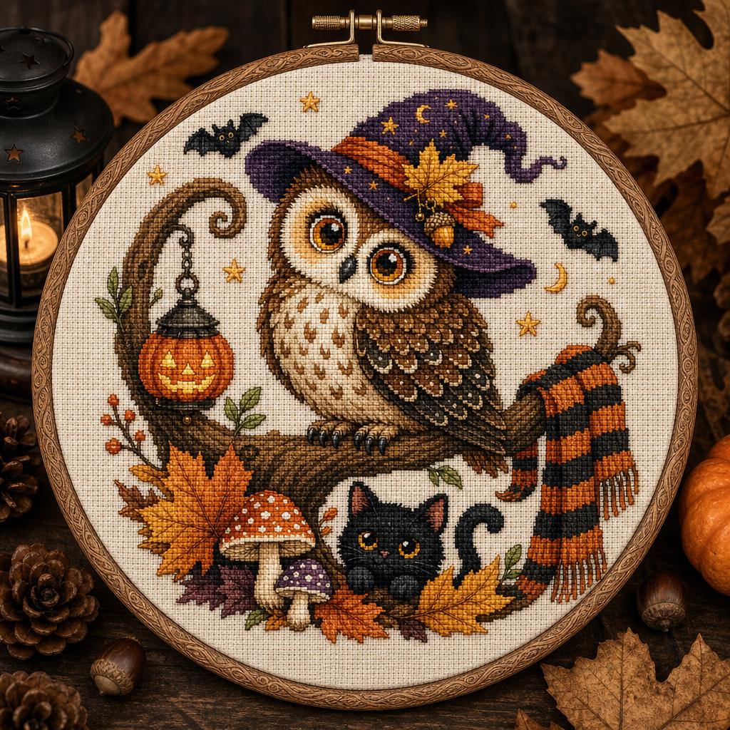 Modern Witch Owl Cross Stitch Pattern, Halloween Home Decor (PDF Download)