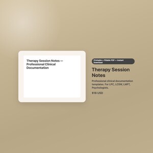 May include: A white rectangular document template titled Therapy Session Notes — Professional Clinical Documentation. Beside it, text reads Therapy Session Notes, Professional clinical documentation templates for LPC, LCSW, LMFT, Psychologists.
