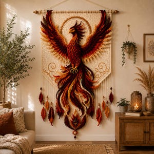 May include: A large, intricate fiber art wall hanging featuring a central phoenix motif in shades of deep red, orange, and yellow. The phoenix is crocheted with textured feathers and long, flowing tail plumes, suspended from a wooden rod.