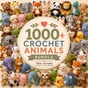 May include: A circular sign with the text 1000+ CROCHET ANIMALS BUNDLE surrounded by numerous small, colourful crocheted animal figures including bears, elephants, giraffes, foxes, rabbits, pandas, lions, dinosaurs, and various other creatures.