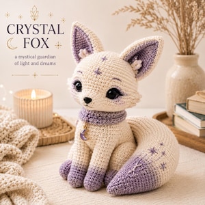 Puede incluir: Un peluche de zorro tejido a ganchillo en color crema y morado con grandes ojos oscuros, orejas puntiagudas y una cola tupida. El zorro lleva un collar morado con un dije de luna creciente dorada. Detalles de estrellas bordadas en la frente y la cola. Texto: CRYSTAL FOX a mystical guardian of light and dreams.