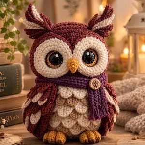 Pode incluir: Uma figura de coruja em crochê feita com fio bordô e creme, com grandes olhos pretos brilhantes, um pequeno bico amarelo e pés amarelos. A coruja usa um cachecol de crochê roxo adornado com um pequeno botão de madeira claro.