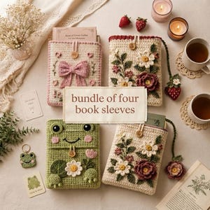 May include: A bundle of four crochet book sleeves featuring various designs: one with a pink bow, two with floral embroidery, and one green frog-themed sleeve. Each sleeve includes a wooden button closure and a decorative hanging charm.