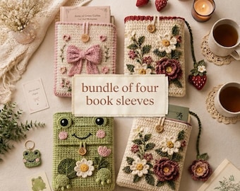 Crochet Book Sleeve Bundle, Floral Bow, Frog, Coquette Designs (4 Pack)