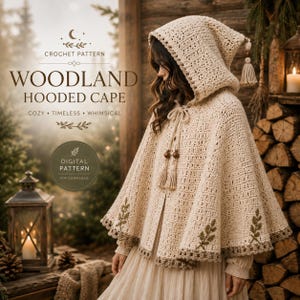 May include: A cream-coloured crochet hooded cape featuring a pointed hood with a tassel, a front tie closure with wooden beads and tassels, and green leaf embroidery along the bottom hem. The text reads CROCHET PATTERN WOODLAND HOODED CAPE.