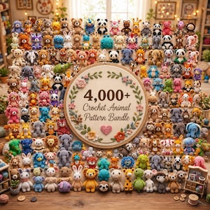 May include: A large collection of small, colourful crocheted animal figures arranged around a central wooden embroidery hoop. The hoop features a floral wreath design and the text 4,000+ Crochet Animal Pattern Bundle with a small pink heart.