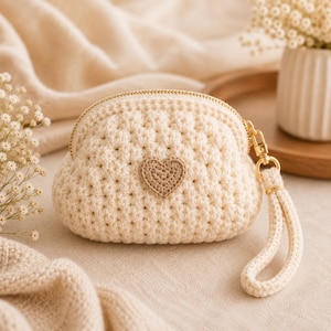 May include: A cream-colored crochet coin purse featuring a textured stitch pattern and a small, centered tan heart appliqué. The purse includes a gold-toned metal frame, a matching wrist strap, and a secure clasp closure for small items.