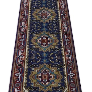 Tapis de couloir Oushak vintage 3x14, tapis oriental noué à la main, tapis de couloir bleu marine, tapis de couloir traditionnel, décoration bohème, tapis long et étroit 3x14, 3x15