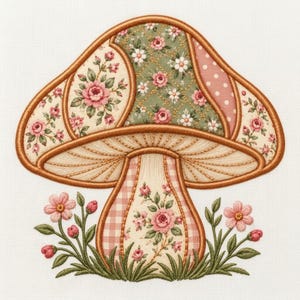 Vintage Patchwork Mushroom Applique Embroidery Design, Botanical Machine Embroidery Files, Cottagecore Floral Mushroom Embroidery Design
