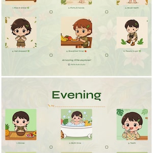 Peut inclure: Un tableau de routine quotidienne avec deux sections, Matin et Soir, comprenant douze panneaux illustrés montrant un enfant effectuant des tâches comme se brosser les dents, manger et dormir. Le texte inclut des étiquettes et le logo Petite Bulie Studio.
