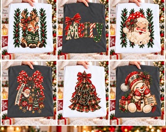 6 Christmas PNG Bundle, Vintage Christmas Designs, Santa Reindeer Snowman PNG, Merry Christmas Clipart, New Year Sublimation
