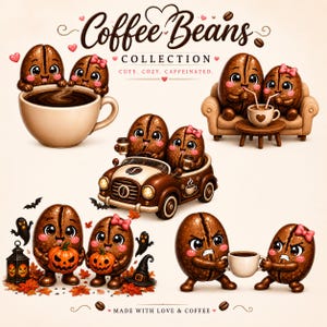 Può includere: Un'illustrazione digitale intitolata Coffee Beans Collection che mostra chicchi di caffè antropomorfi in varie scene: in una tazza, su un divano, in auto, con zucche e mentre condividono una tazza. Testo: Coffee Beans Collection, Cute. Cozy. Caffeinated. Made with love & coffee.