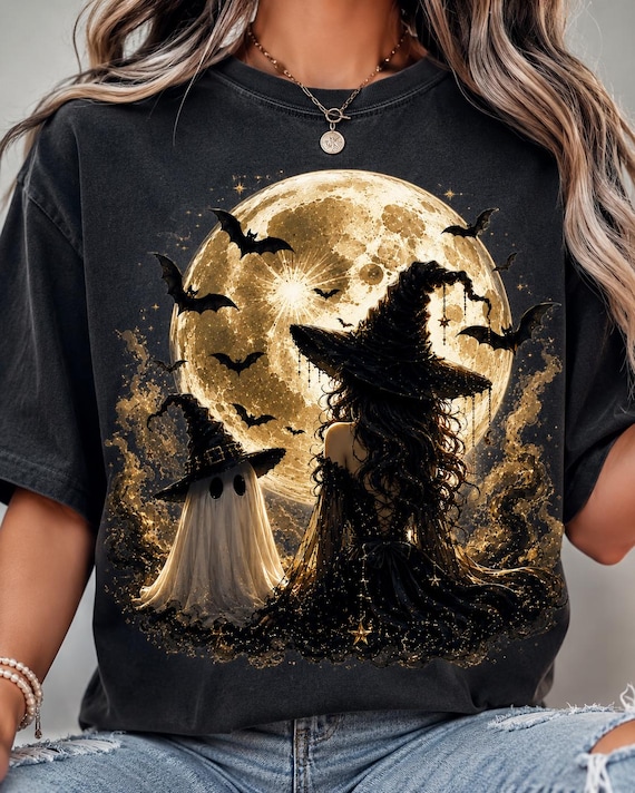 Halloween PNG Design, Witch Ghost Full Moon Sublimation Graphic