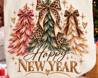 Happy New Year PNG, Leopard Bow Christmas Trees, Coquette New Year Design, Winter Holiday PNG, Transparent Background