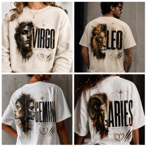 Könnte beinhalten: Eine Kollektion aus vier cremeweißen und weißen T-Shirts und Sweatshirts mit Sternzeichen-Motiven. Jedes Kleidungsstück zeigt einen großen Grafikdruck mit einer geteilten Gesichtsillustration, dem Namen des Sternzeichens, einem Symbol und Text.