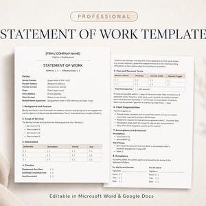 Plantilla de Declaración de Trabajo, Contrato SOW legal editable para consultores independientes y pequeñas empresas, Formulario de acuerdo profesional con el cliente