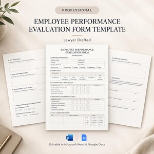 May include: A professional employee performance evaluation form template featuring sections for employee information, rating scales, job knowledge, behavioural skills, and goals. The document is editable in Microsoft Word and Google Docs.