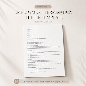 May include: A professional employment termination letter template with the text "PROFESSIONAL EMPLOYMENT TERMINATION LETTER TEMPLATE" and "Lawyer Drafted" at the top, followed by a formal notice document editable in Microsoft Word and Google Docs.