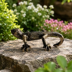 May include: A metallic lizard figurine with a textured, dark bronze and gold finish. The lizard is depicted in a standing position with four splayed feet and a curved tail, showcasing detailed scales and defined eyes on its head.