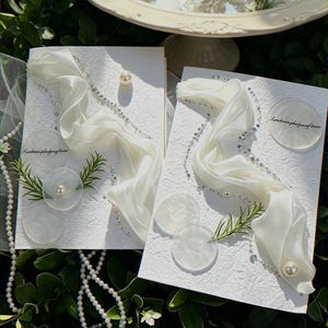 Ethereal White Ribbon Vow Books Set of 2 | Textured Paper Vow Cards, Pearl & Botanical Decor, His and Hers Fine Art Wedding Keepsake