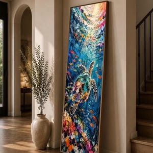 Cuadro en lienzo enmarcado con diseño de tortuga marina larga y estrecha, decoración costera, obra de arte submarina.