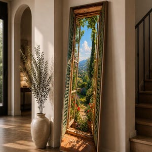 Può includere: Uno specchio da parete rettangolare alto con un'immagine stampata di una finestra aperta con persiane verdi, che rivela un soleggiato paesaggio mediterraneo con colline, cielo azzurro, alberi verdi e vivaci fiori rossi in un giardino.