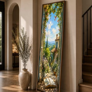 Può includere: Un'opera d'arte da parete alta e rettangolare con cornice che raffigura una soleggiata scena mediterranea vista attraverso una finestra aperta. L'immagine mostra una casa in pietra, vegetazione, fiori, un cielo azzurro e un libro aperto.